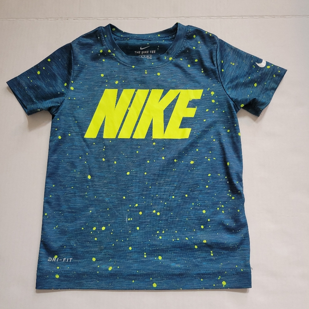 Nike Dri Fit Youth XS Space Dye Logo Block Graphic T-Shirt Blue W Yellow Neon